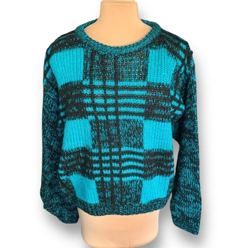 Vintage Street Scene Teal Black Checkered Plaid Loose Knit Pullover Sweater